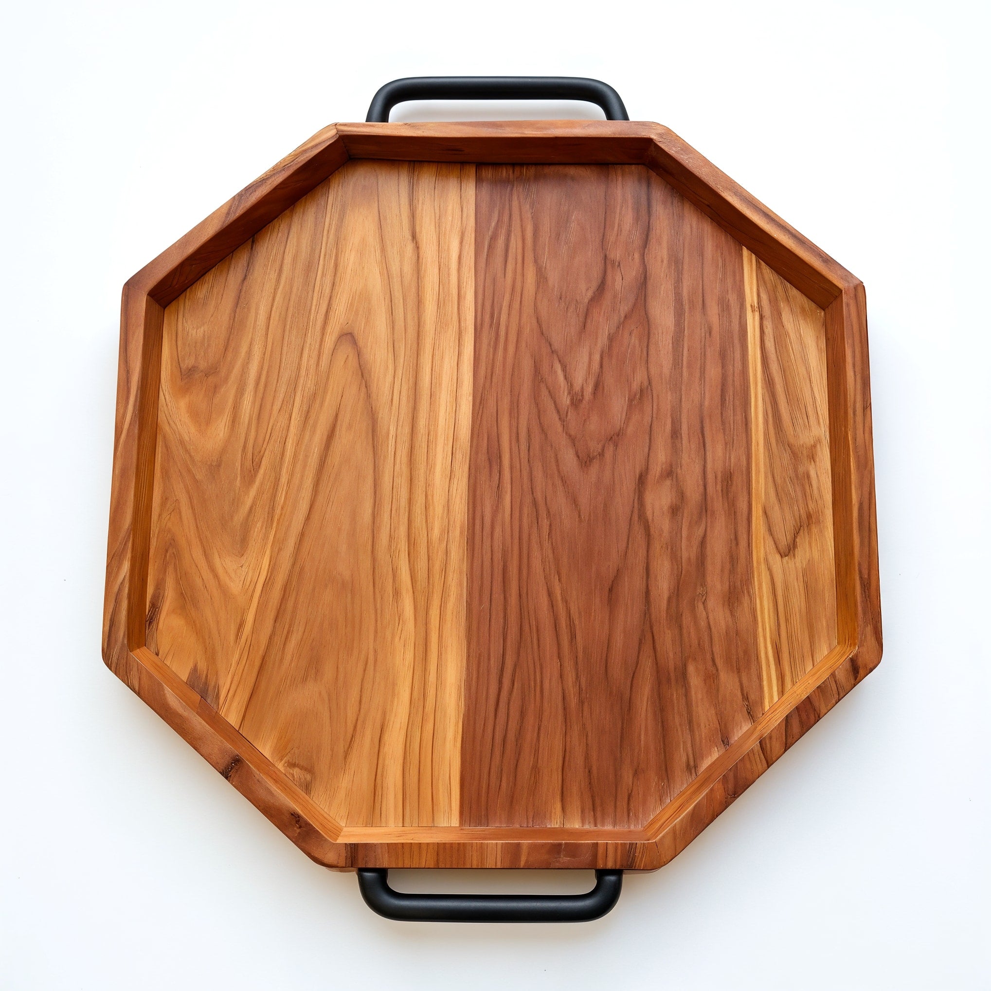 Plateau hexagonal en cerisier — vue de dessus strictement perpendiculaire