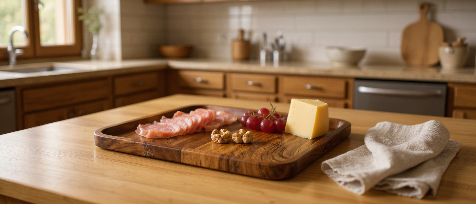 Plateau Barviro en noyer garni de charcuterie et de fromages dans une cuisine française